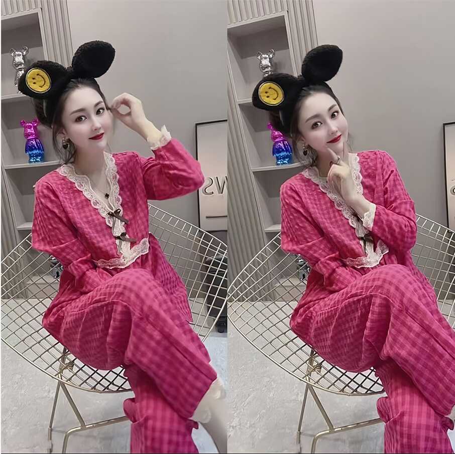 夏季蕾丝领家居服宽松棉布甜美休闲格子可外穿韩版女士睡衣两件套