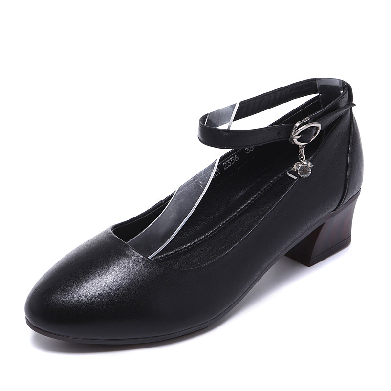 牛皮女鞋春秋通勤面试高跟鞋女职业工作鞋真皮黑色软底不累脚单鞋