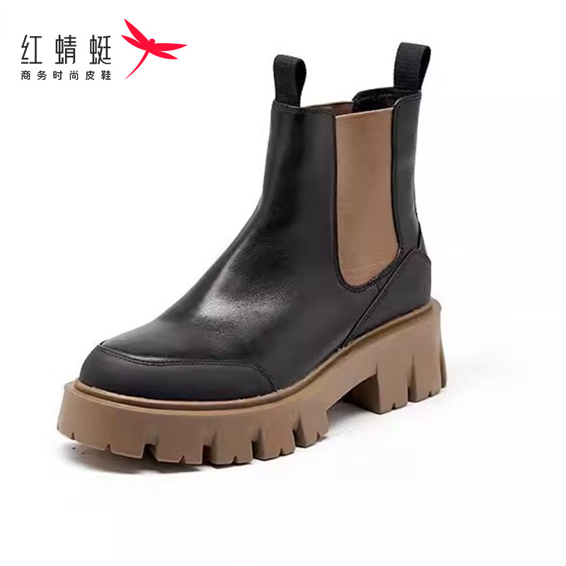红蜻蜓女靴秋冬季真皮马丁靴女款厚底加绒短靴百搭棉靴子断码清仓