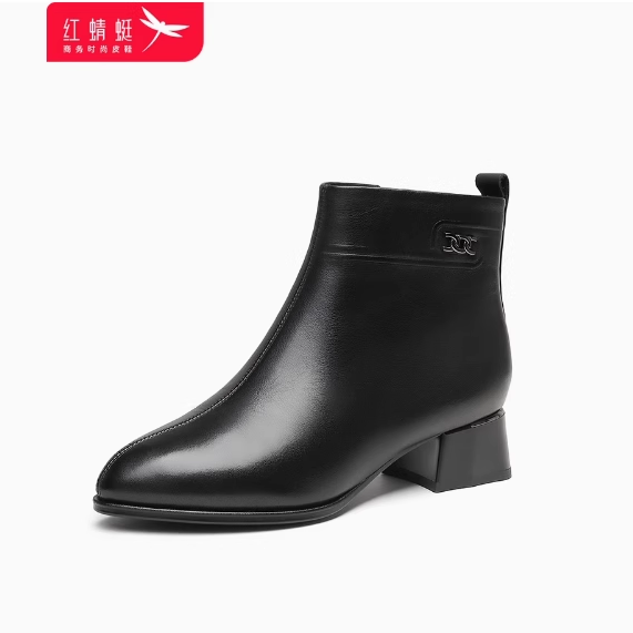 红蜻蜓真皮短靴女单靴2024新款冬季加绒软底瘦瘦马丁靴 断码清仓