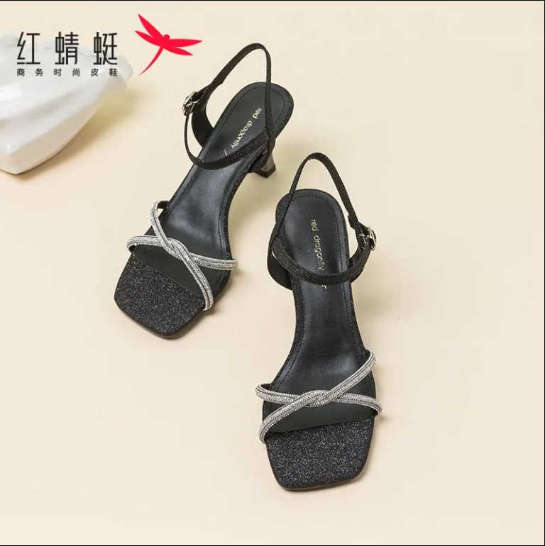 红蜻蜓高跟凉鞋女夏季时尚外穿水钻一字带女士细跟凉鞋断码清仓