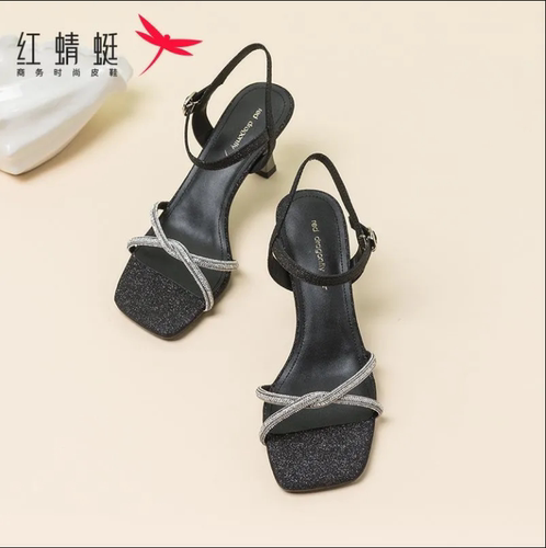 红蜻蜓高跟凉鞋女夏季时尚外穿水钻一字带女士细跟凉鞋断码清仓