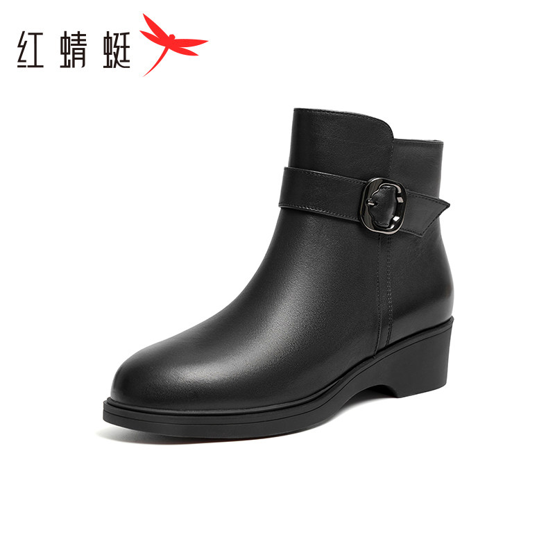 红蜻蜓马丁靴冬款真皮加绒保暖棉靴时尚潮流套脚高帮皮靴断码清仓