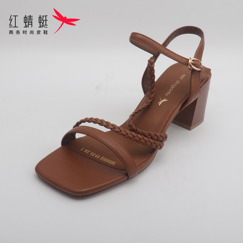 红蜻蜓女凉鞋夏季法式气质高跟鞋一字带粗跟通勤露趾凉鞋断码清仓