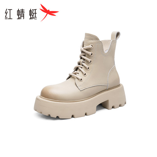 红蜻蜓女鞋冬季新款真皮保暖时装靴粗跟系带百搭马丁靴断码清仓