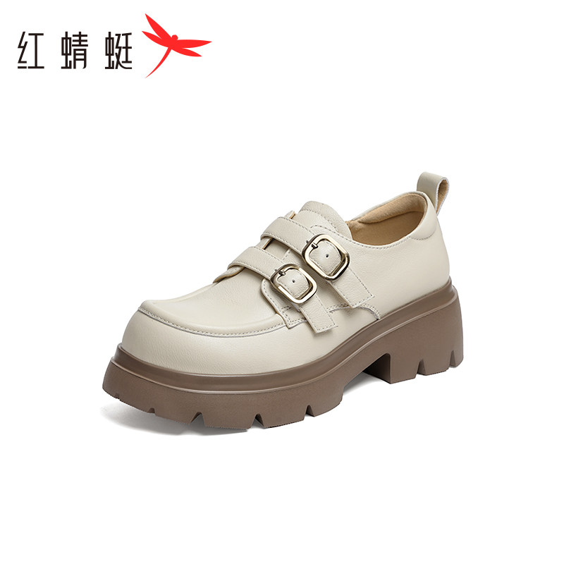 红蜻蜓皮鞋女秋新款女鞋粗跟深口单鞋真皮中年妈妈高跟鞋断码清仓
