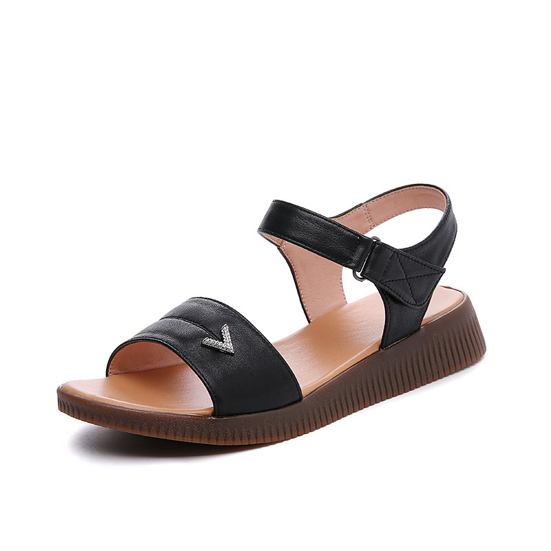 春季大码牛皮厚底凉鞋女真皮夏季平底舒适软底平底中年穿妈妈鞋子