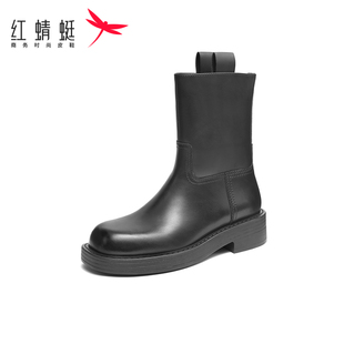 红蜻蜓时装短靴女2024秋冬款粗跟方头高跟优雅瘦瘦靴单靴断码清仓