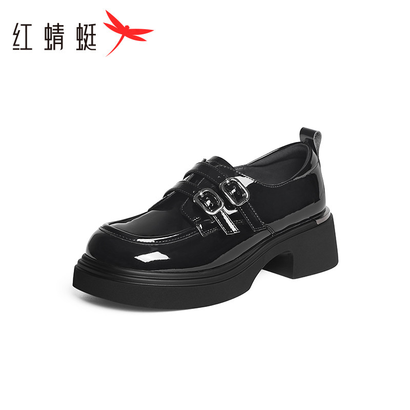 红蜻蜓女鞋小皮鞋复古简约学院真皮厚底单鞋英伦风乐福鞋断码清仓