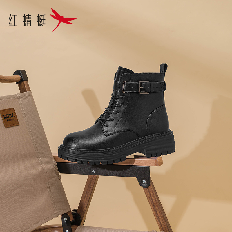 红蜻蜓女单鞋秋冬短靴粗跟及踝靴法式气质皮鞋瘦瘦靴单靴断码清仓