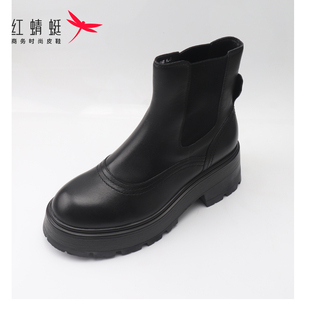 红蜻蜓女单鞋真皮短靴女鞋子粗跟女鞋加厚马丁靴正品单靴断码清仓
