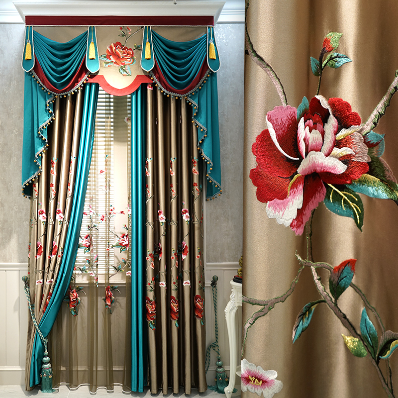 新中式窗帘奢华定制客厅卧室豪华落地窗绣花遮光布成品别墅落地窗