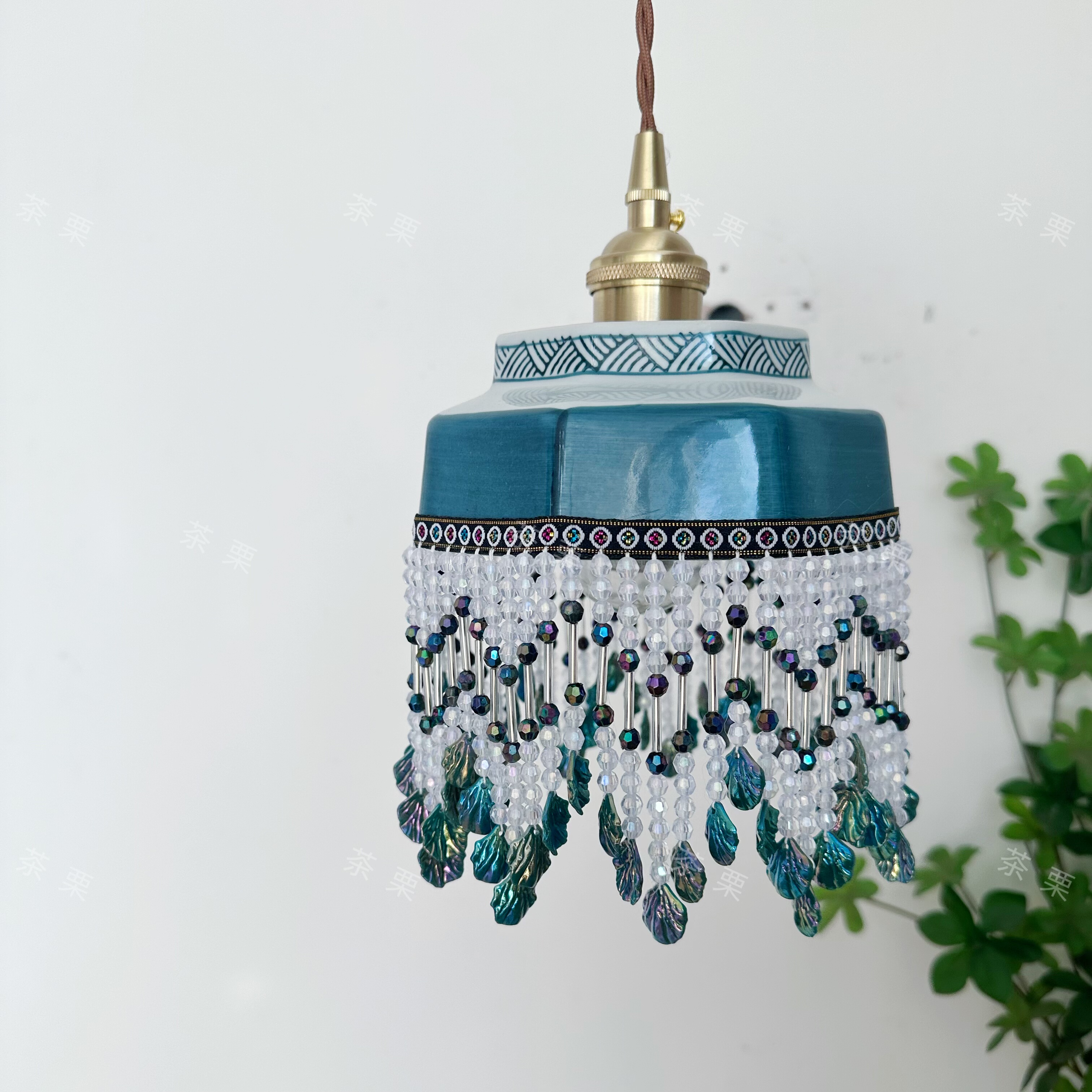 茶栗法式中古风吊灯全铜陶瓷美式复古蓝色流苏过道玄关床头灯阳台