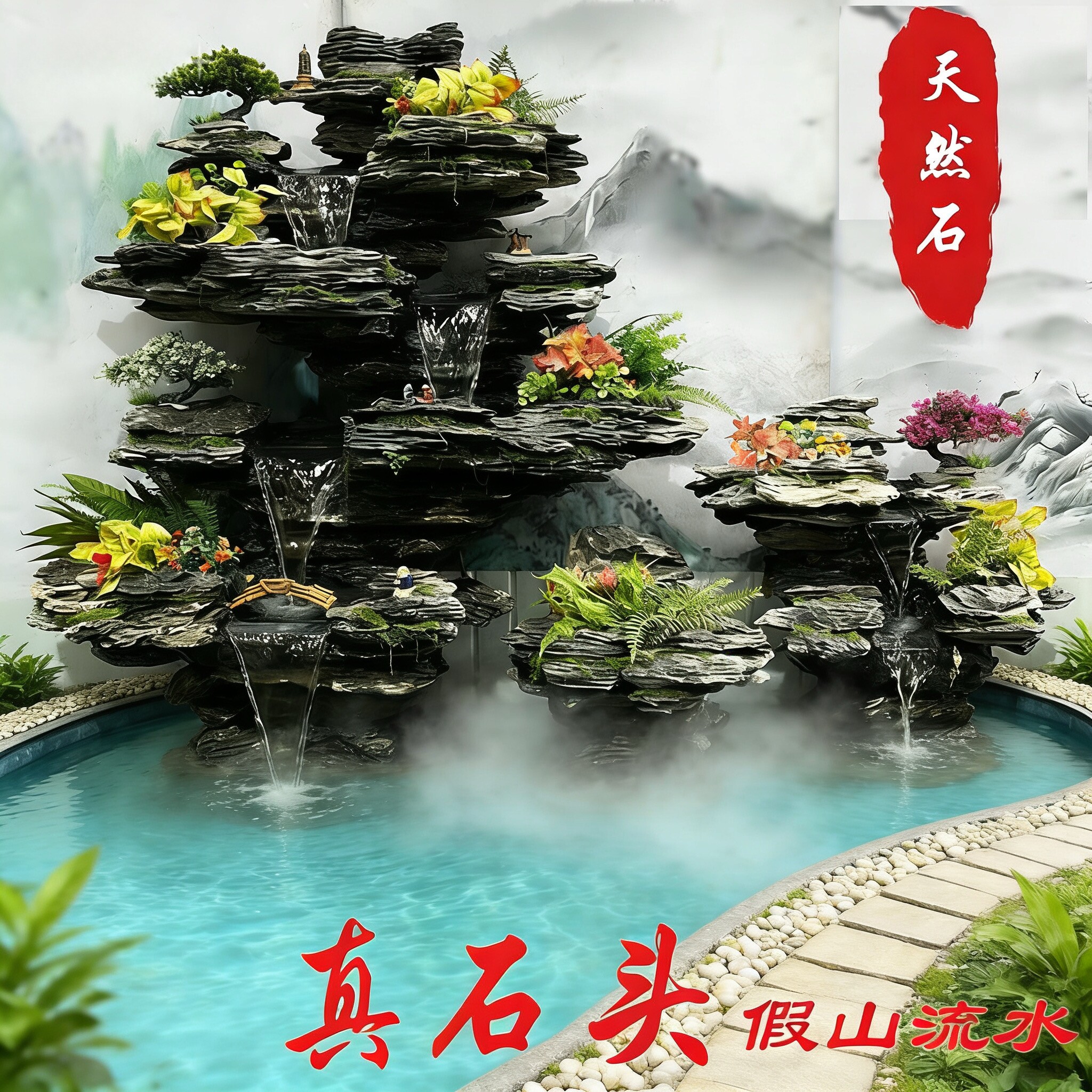 大型真石头假山流水景观设计山水摆件庭院鱼池造园户内外喷泉装饰