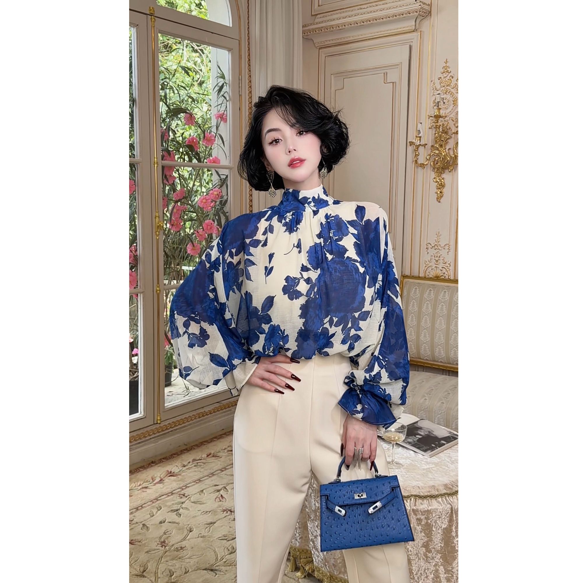 LYXJ【圣托里花廊】早秋小众设计法式优雅蓝色花卉衬衫上衣13443