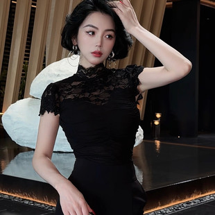 LYXJ【黛蒂卡黑纱】2026夏款小众设计时尚黑色蕾丝拼接上衣13311