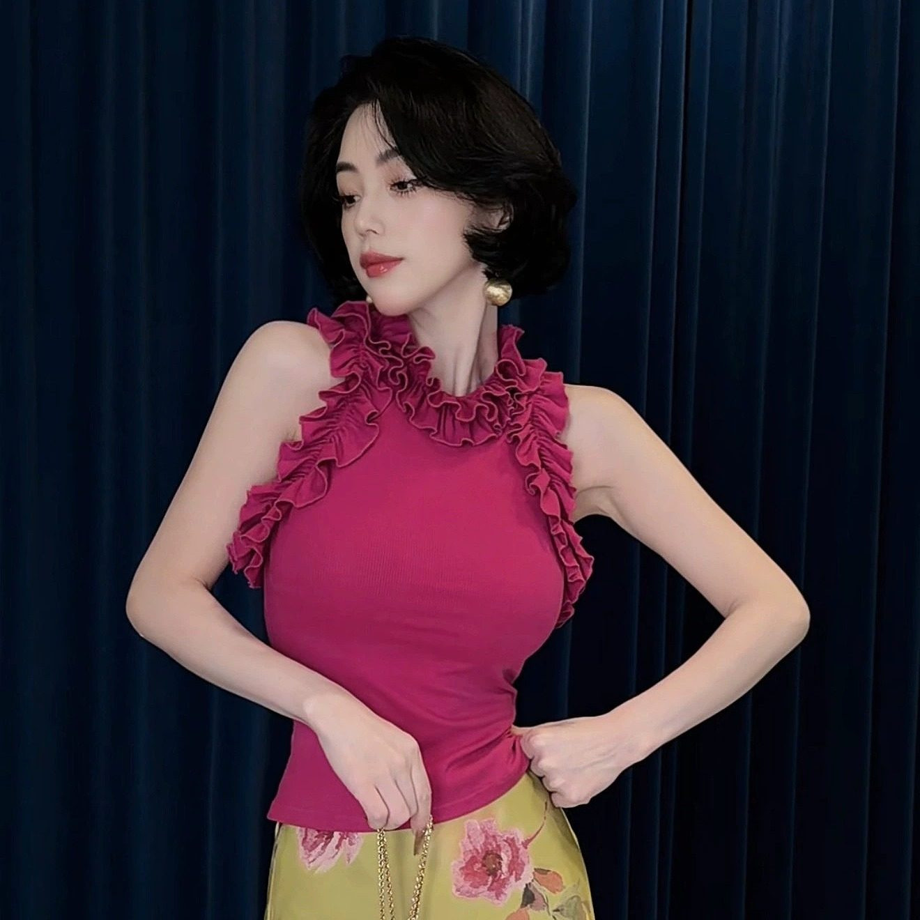 LYXJ【花漾西西里】2026夏小众设计收腰显瘦法式木耳边上衣13280