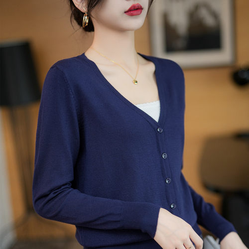 春秋装单排扣V领针织女开衫外套