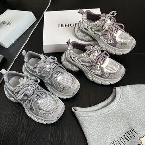 纪华菲双鞋带紫调银雾机甲老爹鞋女银色2026春季新款运动休闲单鞋