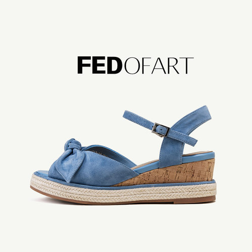 fed蝴蝶结编织绒面羊皮女夏季真皮麻绳坡跟厚底鱼嘴扭结罗马凉鞋