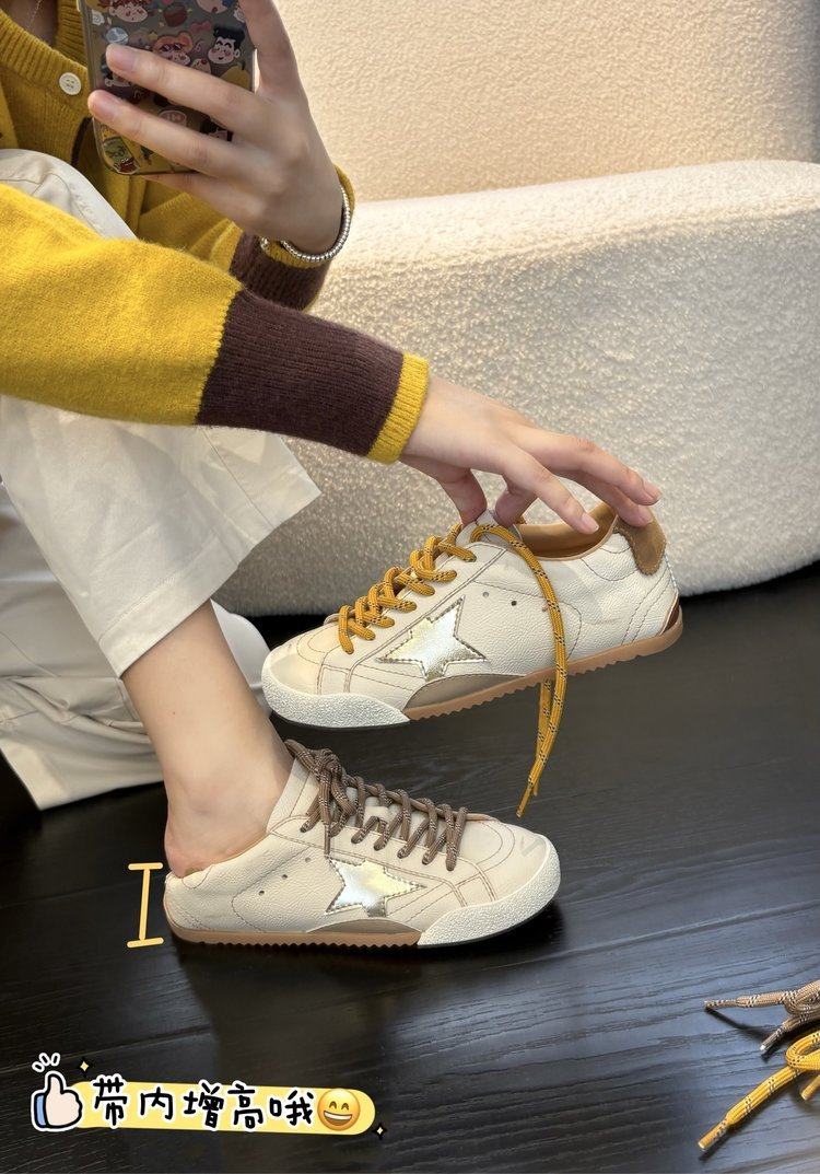 JEHURFIE纪华菲擦色白金港风星星平底板鞋女运动鞋休闲鞋真皮牛皮