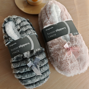 外贸地板袜加厚底肯鞋女袜冬季懒人鞋蝴蝶结厚底居家棉拖鞋毛毛拖