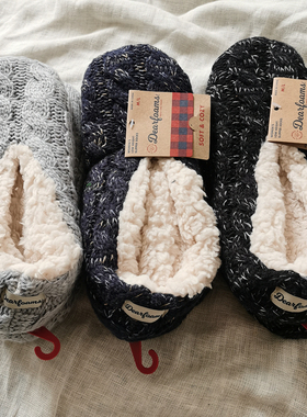 出口美国冬季女士地板袜加厚地板鞋羊羔绒灰色麻花纹保暖加绒纯色