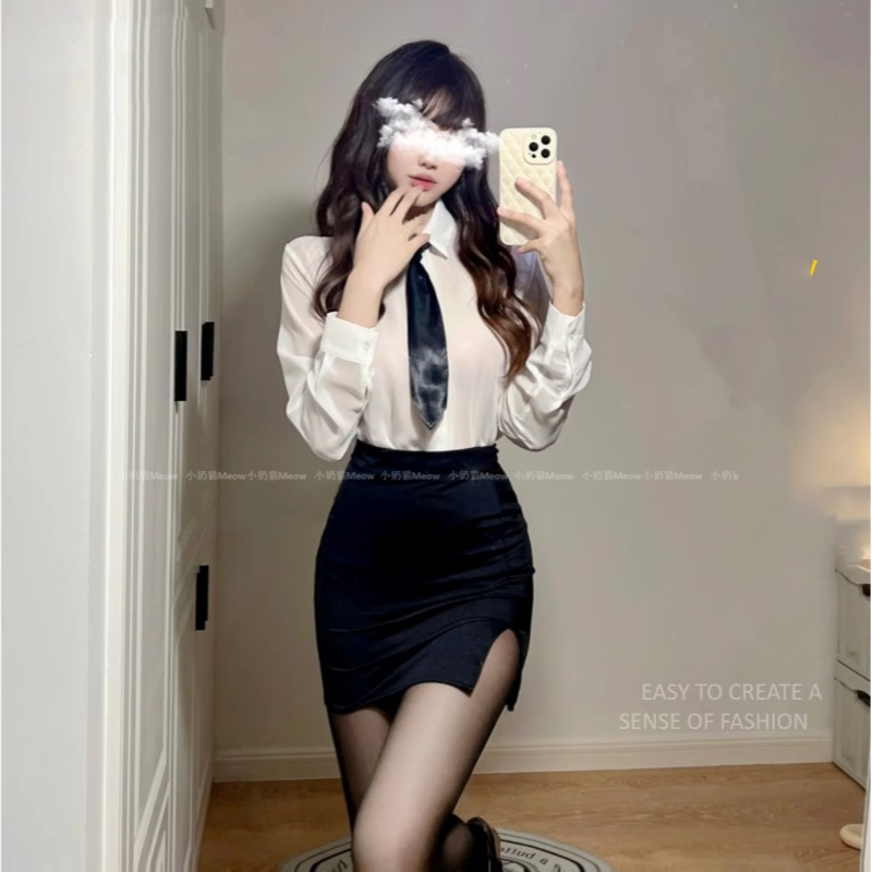 大码白色衬衫黑丝女教师秘书制服包臀裙性感内衣纯欲睡裙夏季薄女