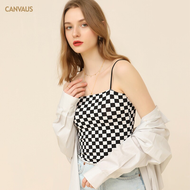 CANVAUS夏季新品 内搭修身棋盘格性感打底短款一字领吊带背心女