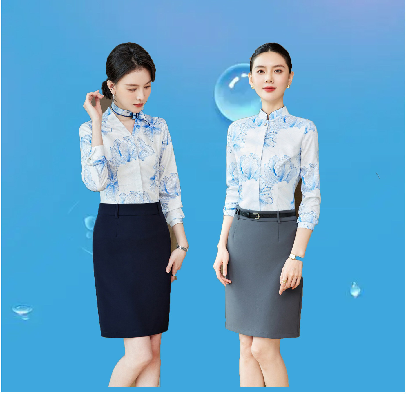 国风空姐制服印花长袖衬衫女图片