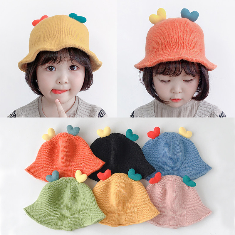 秋冬季宝宝可爱针织渔夫帽儿童爱心盆帽冬天保暖毛线帽韩版百搭潮