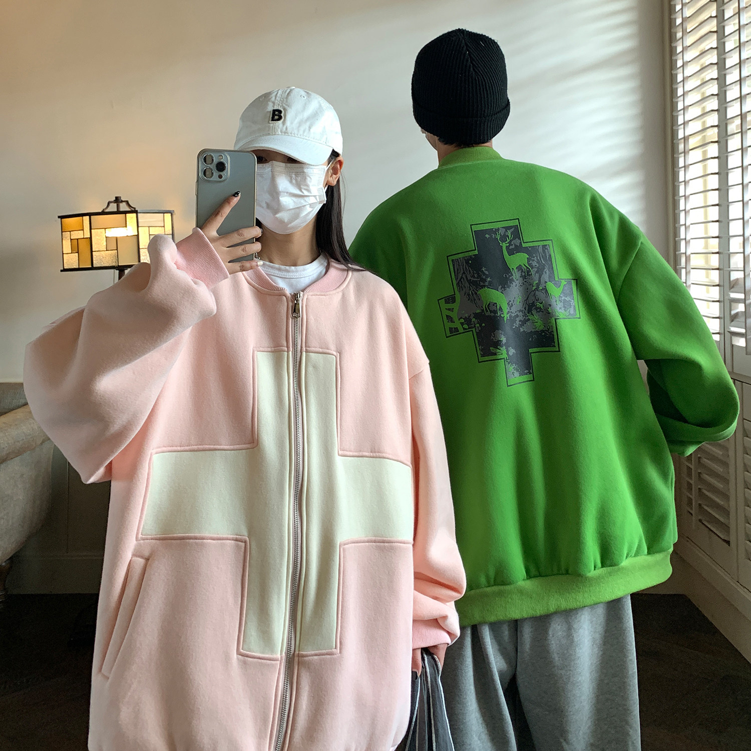 情侣装秋装拼接撞色棒球服十字架元素开衫卫衣外套D220P68女类,女装短外套,电商A335-1（原A458）