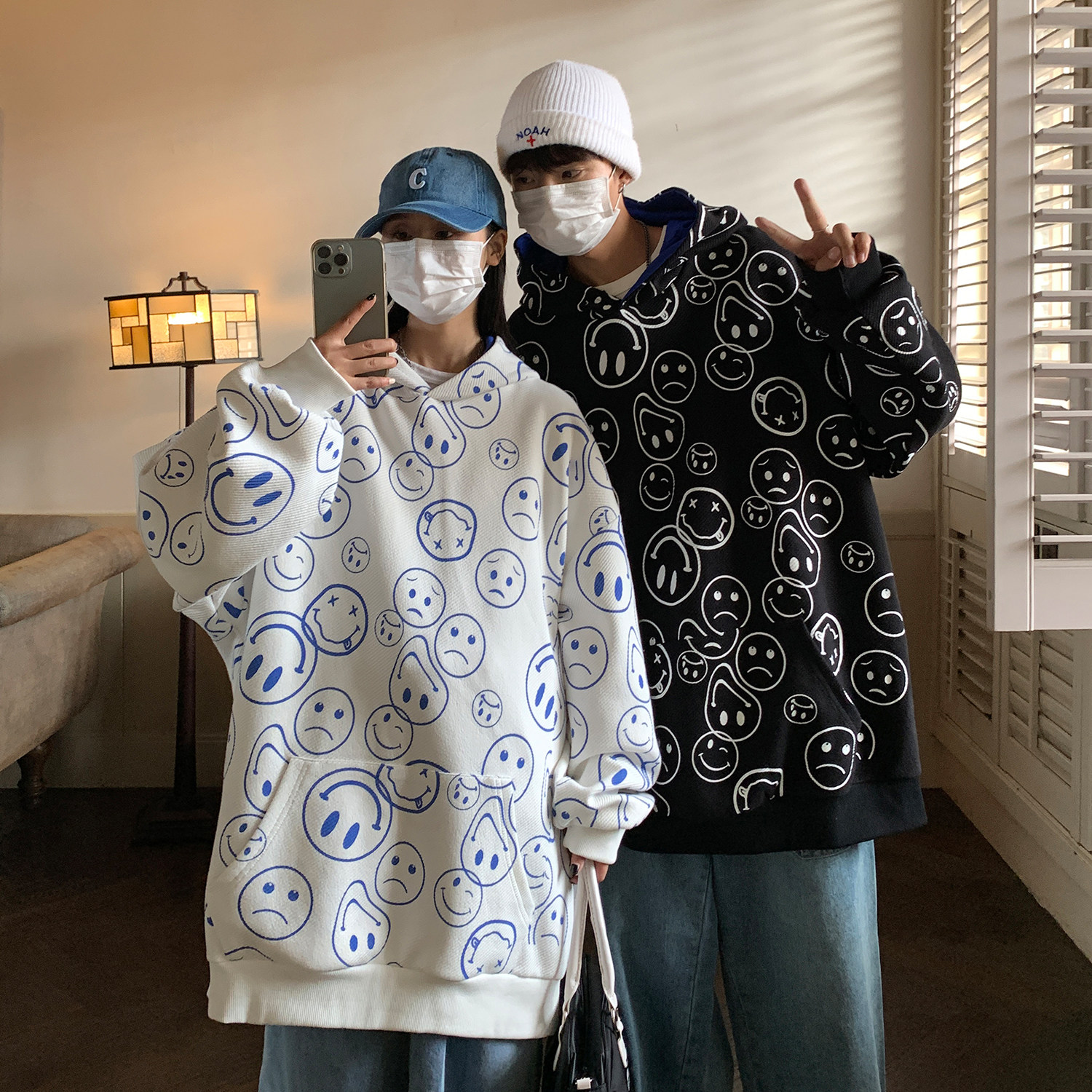 情侣装秋装新款满身笑脸印花连帽情侣卫衣宽松外套D221P68女类,女装短外套,电商A335-1（原A458）