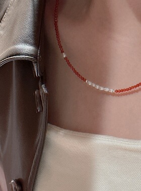 S925纯银天然红尖晶淡水珍珠颈链