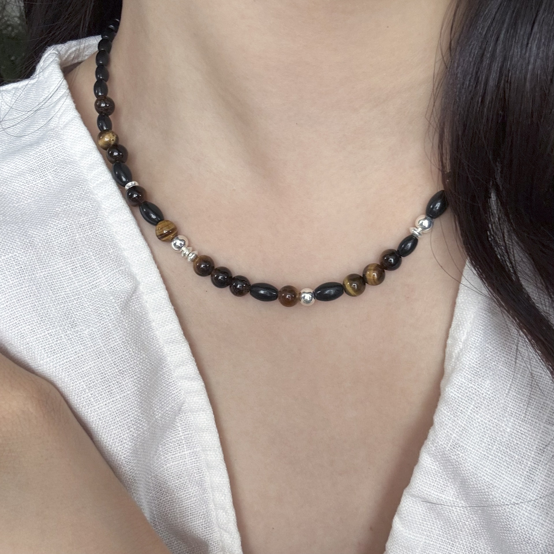 S925纯银天然虎眼石黑玛瑙项链