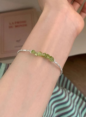 S925纯银橄榄绿晶石碎银子手链女小众清新高级不规则手串手饰礼物