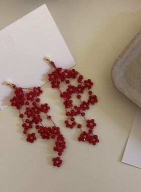 小众红色流苏水晶花朵长款耳环