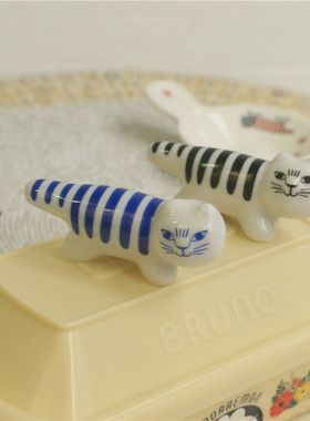 圻诺家 日式Lisa Larson条纹猫创意陶瓷筷子架家用卡通筷托小摆件