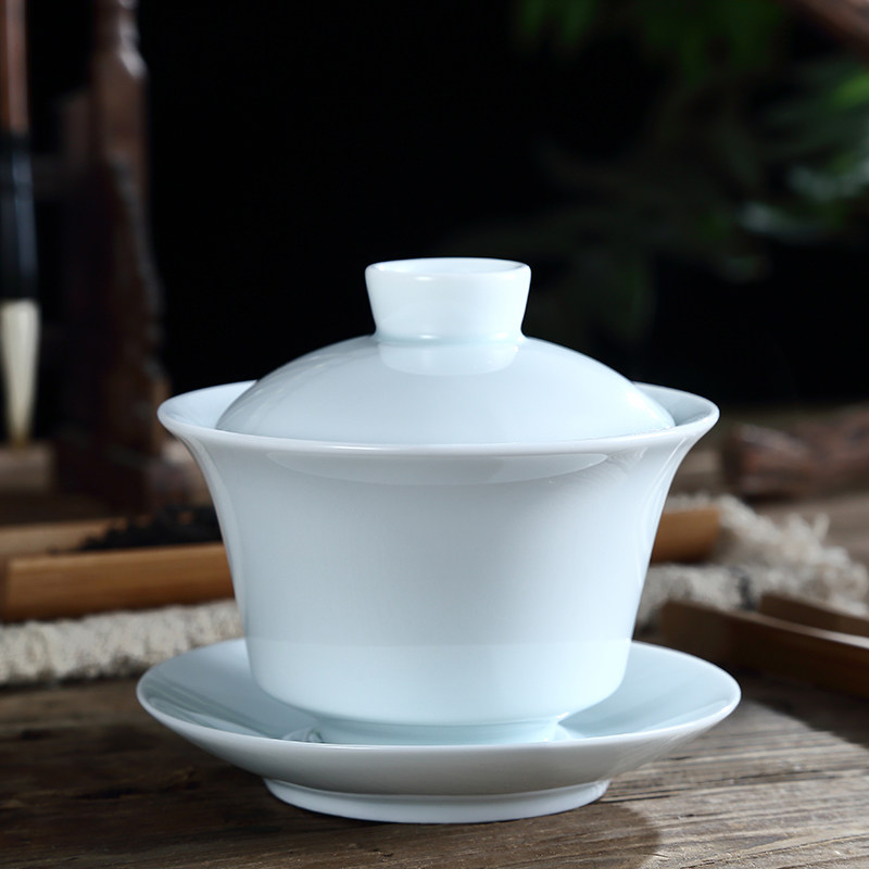 吴氏品雅纯色影青三才盖碗茶杯单个不烫手大号高端白瓷陶瓷大容量