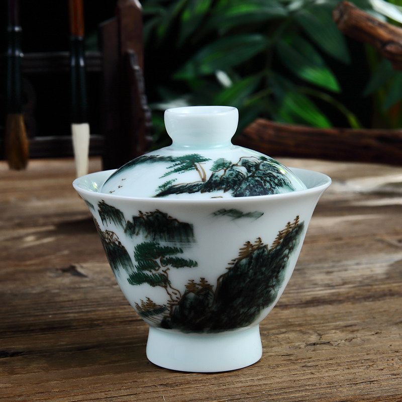 吴氏品雅白瓷影青五彩山水高脚盖碗大容量单个大号高端茶具套装,餐饮具,功夫茶具,淘宝优惠券,粉丝福利购,淘宝优惠卷