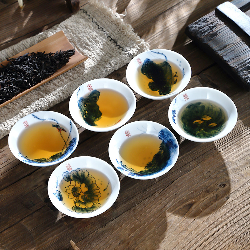 吴氏品雅大号斗笠茶杯套装家用待客手绘荷花青花瓷高档彩绘茶具