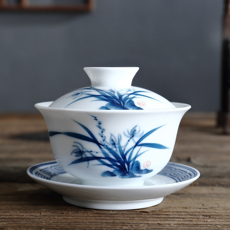 吴氏品雅手绘青花瓷兰花泡茶碗三才盖碗高端茶杯陶瓷功夫茶具套装