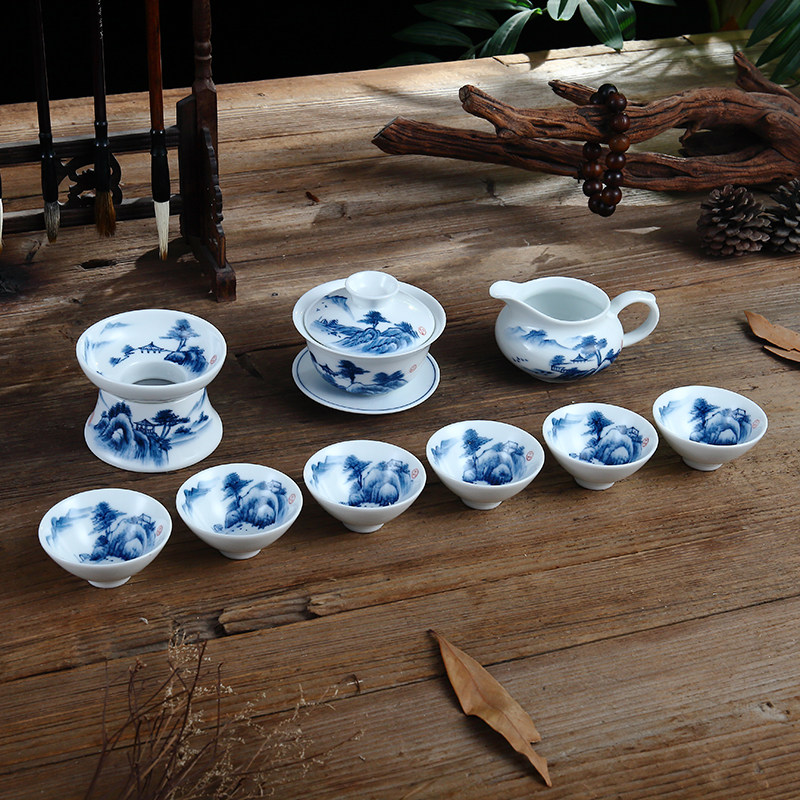 吴氏品雅手绘山水盖碗茶杯白瓷高档潮汕功夫茶具套装礼盒家用陶瓷