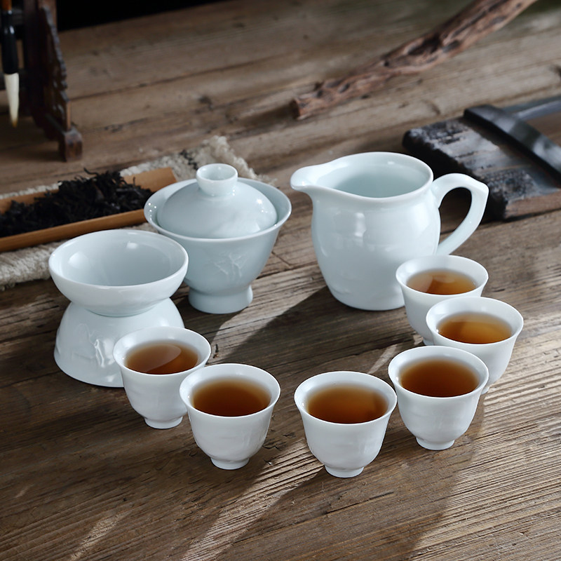 吴氏品雅影青山水潮汕功夫茶具套装纯色暗纹盖碗陶瓷茶杯家用待客