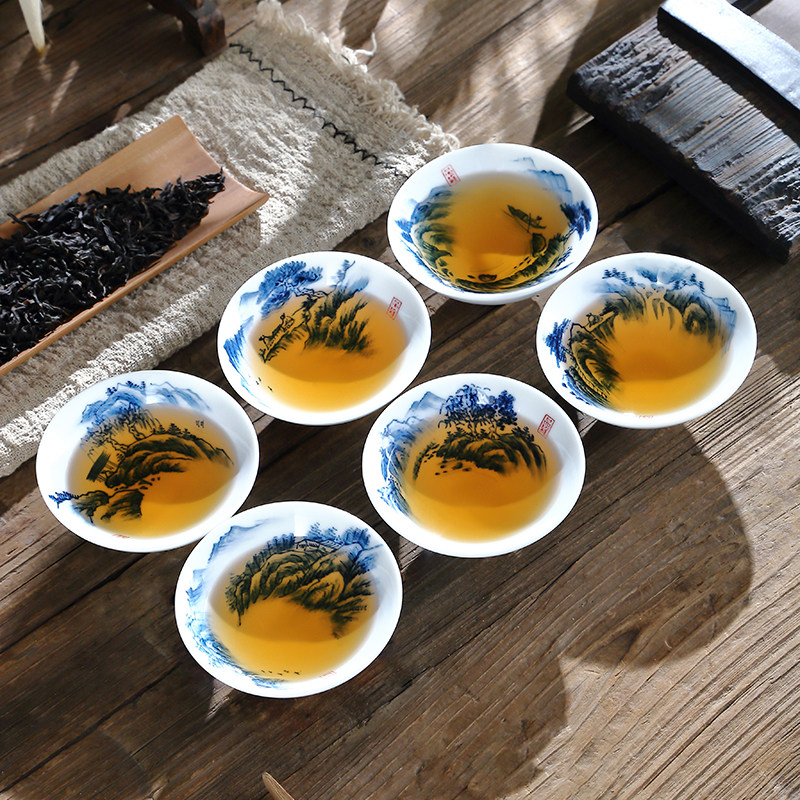 吴氏品雅手绘山水大号斗笠茶杯套装家用待客高档轻奢泡茶功夫茶具