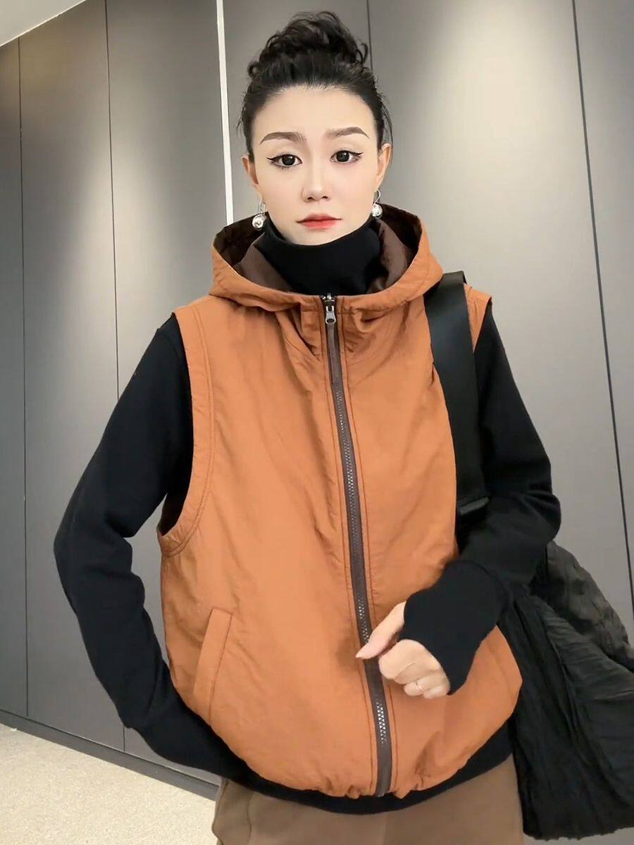 两面穿连帽轻薄夹棉马甲女2025年秋冬季新款宽松大版显瘦保暖背心