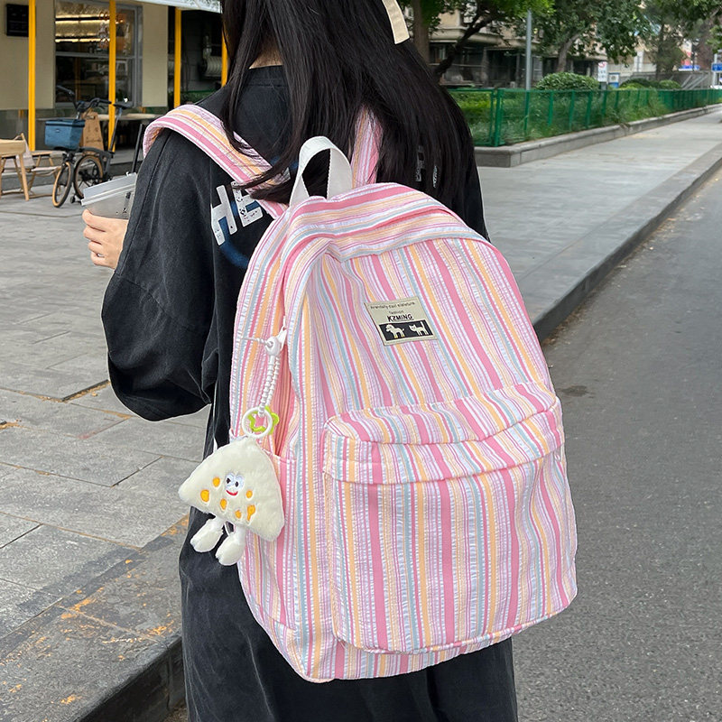 书包女ins风日系百搭条纹双肩包大学生少女心高中校园背包初中生