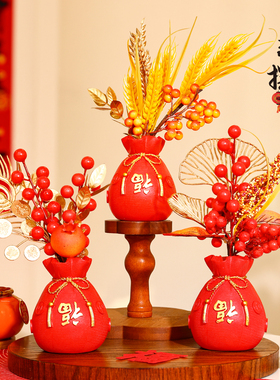 新年发财果装饰摆件2026马年创意插花布置年宵花福桶客厅桌面摆设
