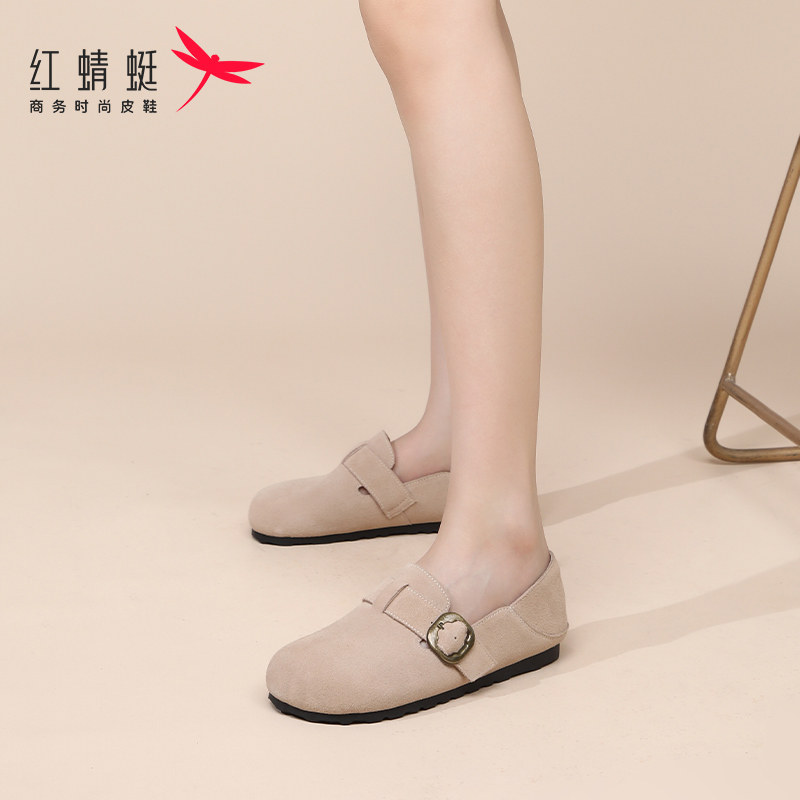 红蜻蜓牛皮圆头软底套脚勃肯鞋女