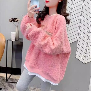 加绒加厚圆领卫衣女秋冬款 宽松百搭刺绣假两件上衣羊羔绒外套 新款